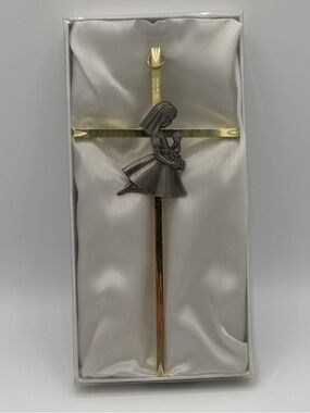 Gold Toned and Pewter First Communion Hanging Wall Cross for Girls 8” In Box